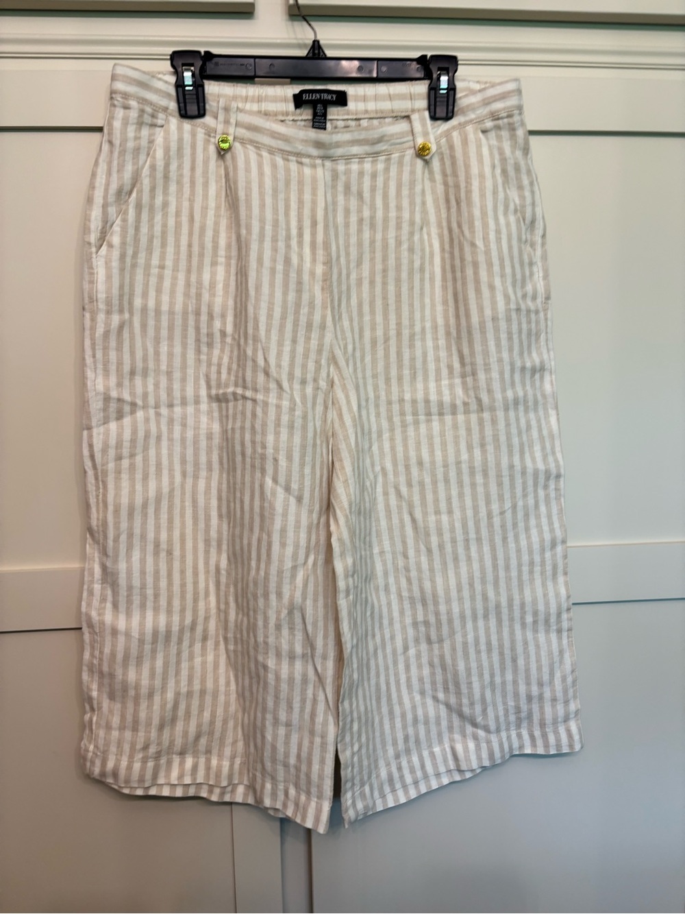 100% Linen Cream Tan Striped Wide Leg Gaucho Culottes Cropped Pants Size L